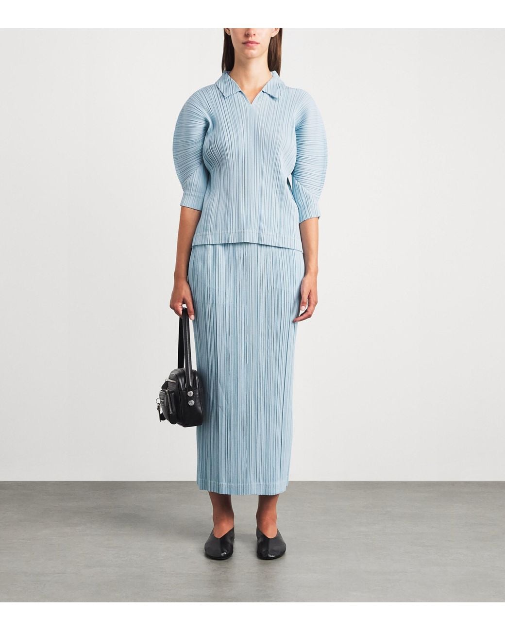 Pleats Please Issey Miyake Blue Cotton Denim Collared Top