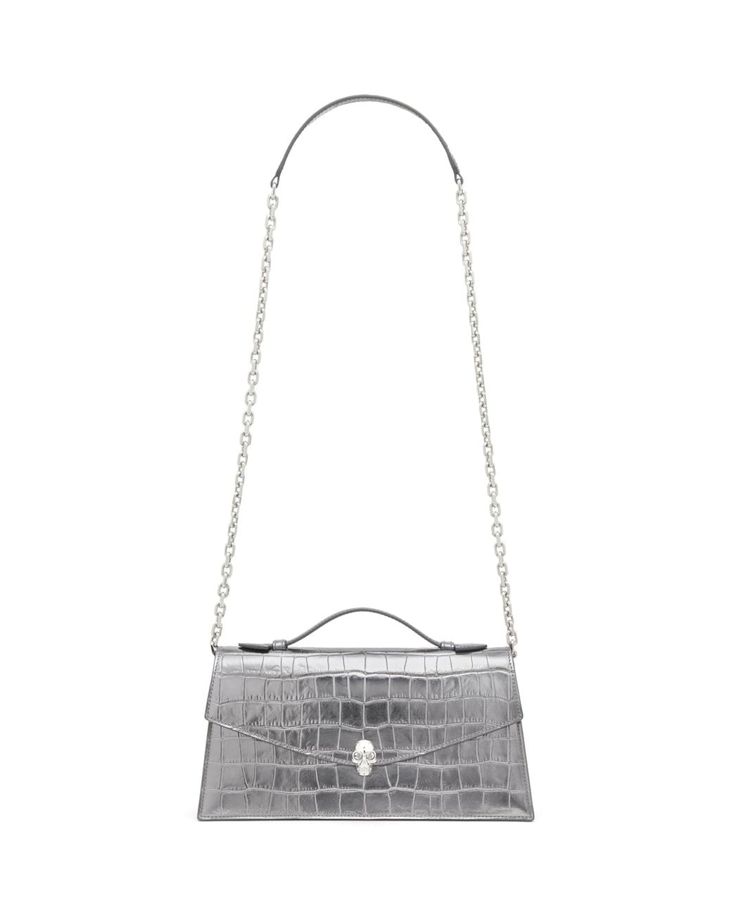 McQueen White Croc-Embossed Metallic Leather Skull Shoulder Bag