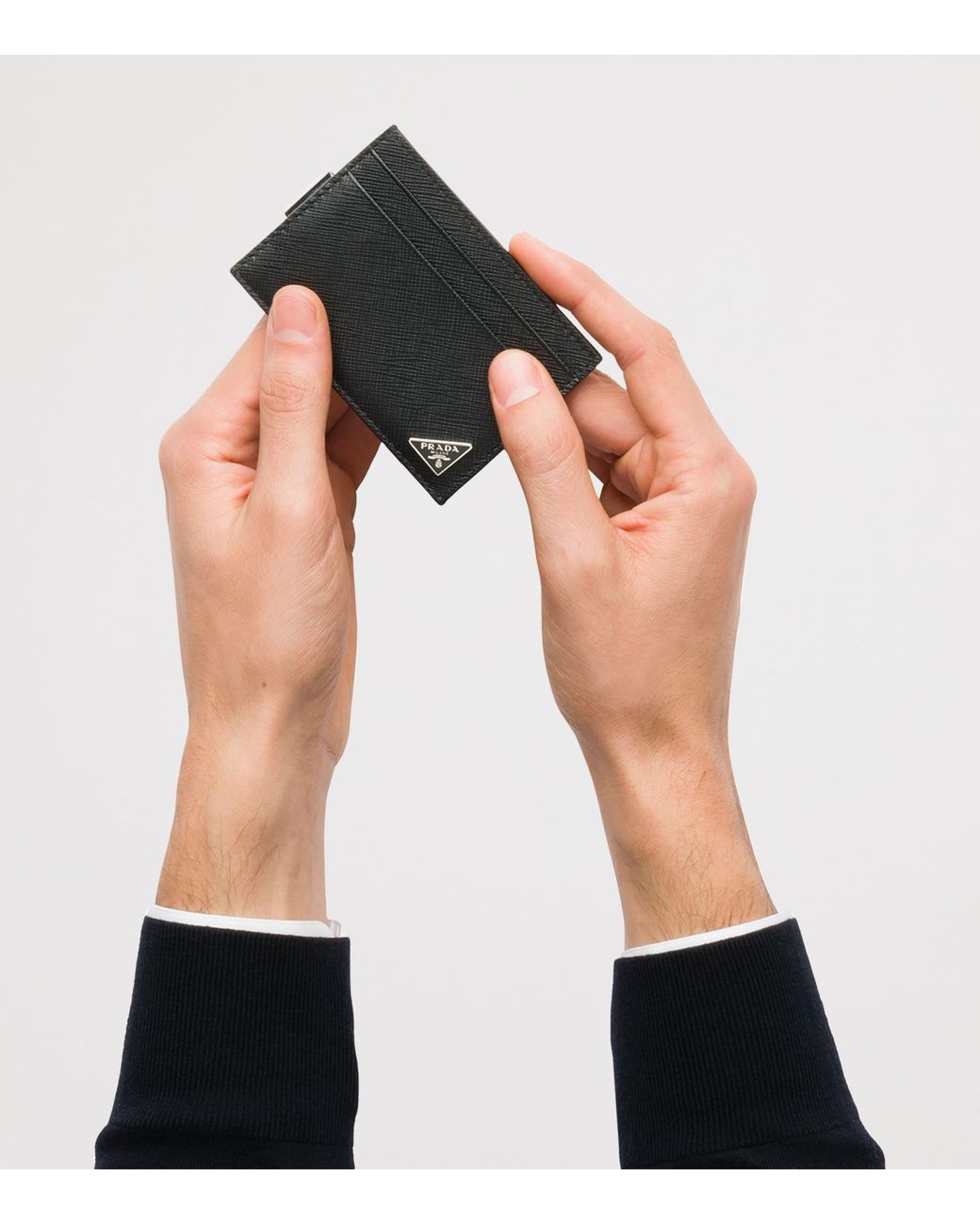 Prada Black Saffiano Leather Triangle Money Clip Card Holder for men