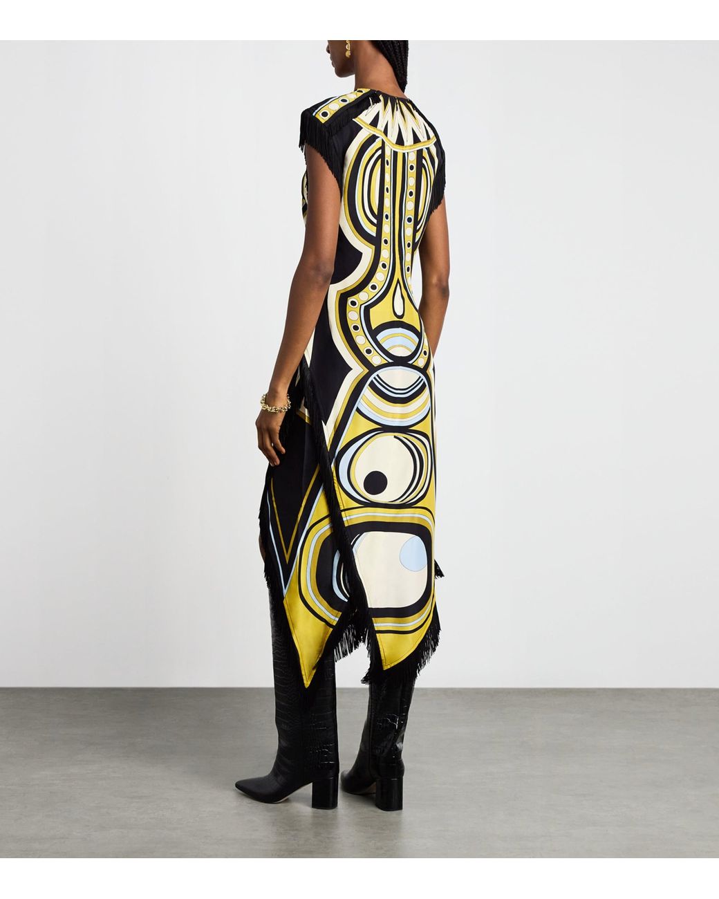 LaDoubleJ Metallic Silk Fringe-Trim Printed Midi Dress