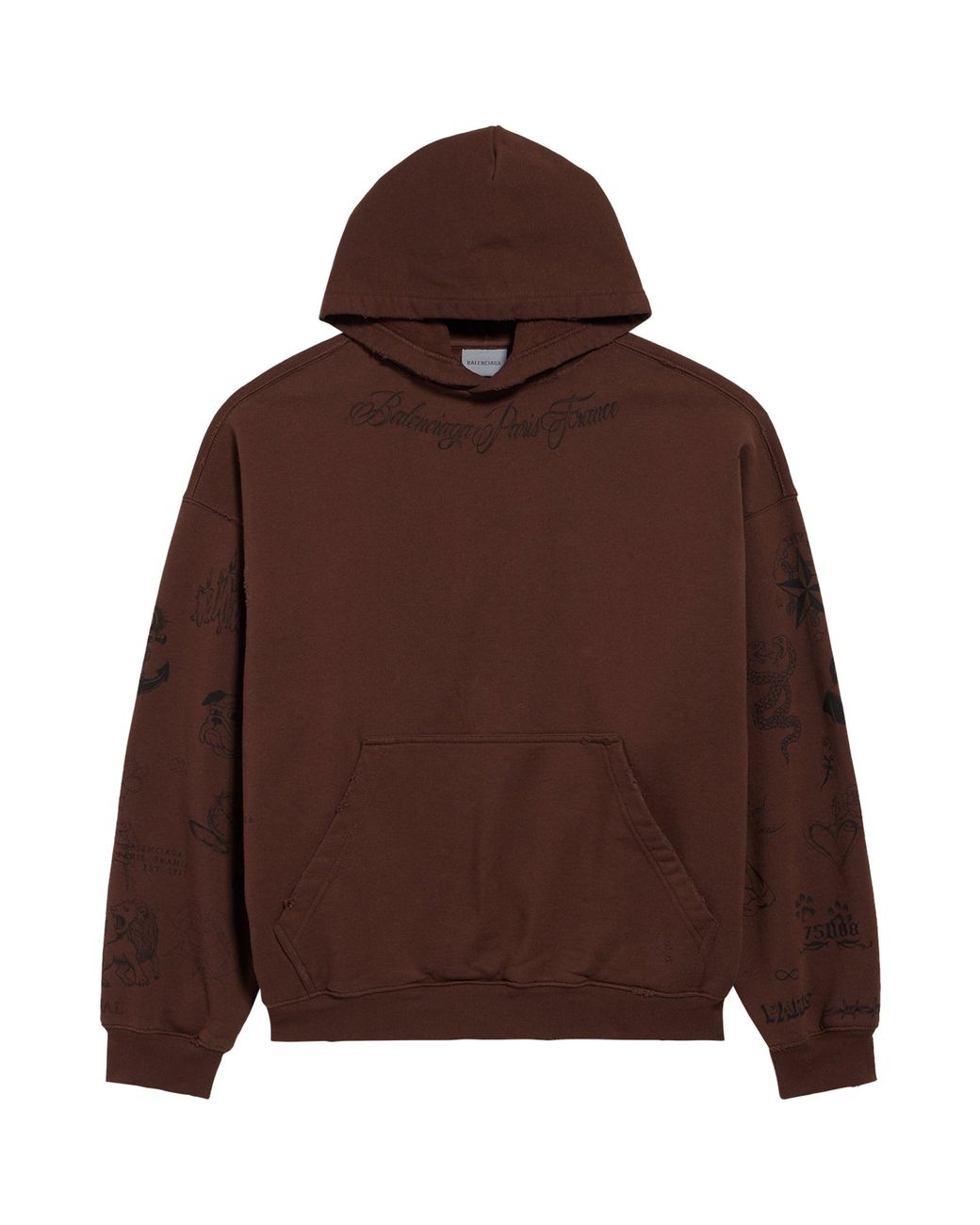 Balenciaga Brown Cotton Tattoo-Print Hoodie