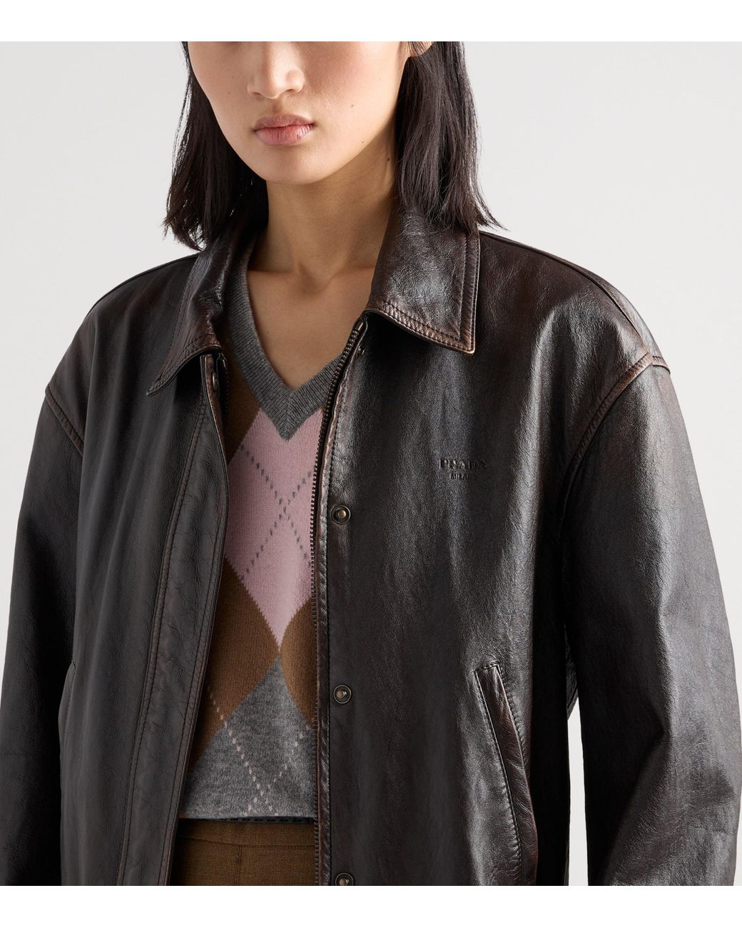 Prada Gray Cashmere Argyle V-Neck Sweater