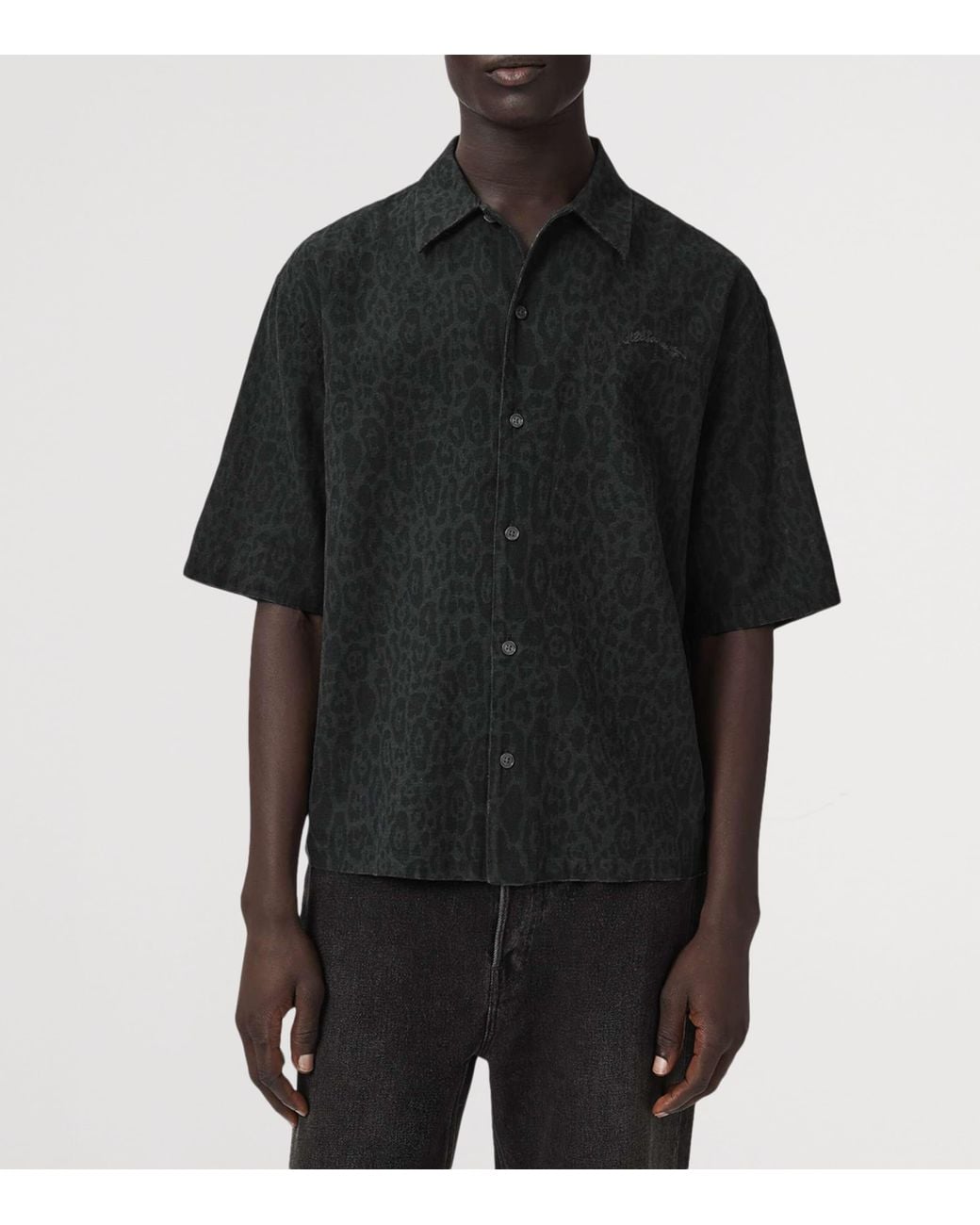 AllSaints Black Organic Cotton-Linen Leopardo Shirt for men
