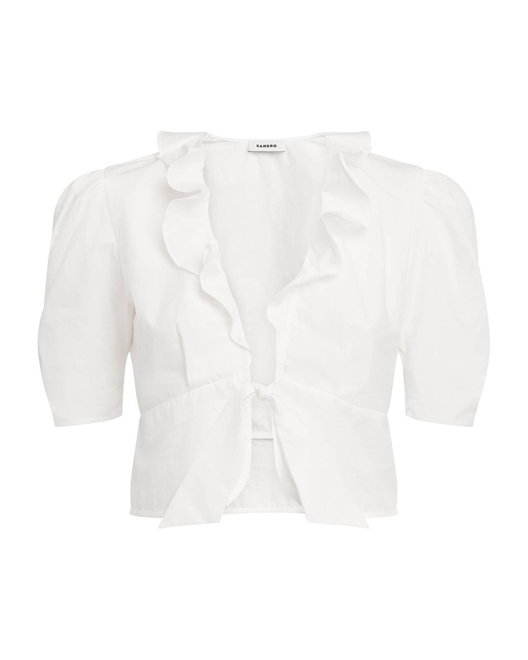 Sandro White Cotton Ruffle Blouse