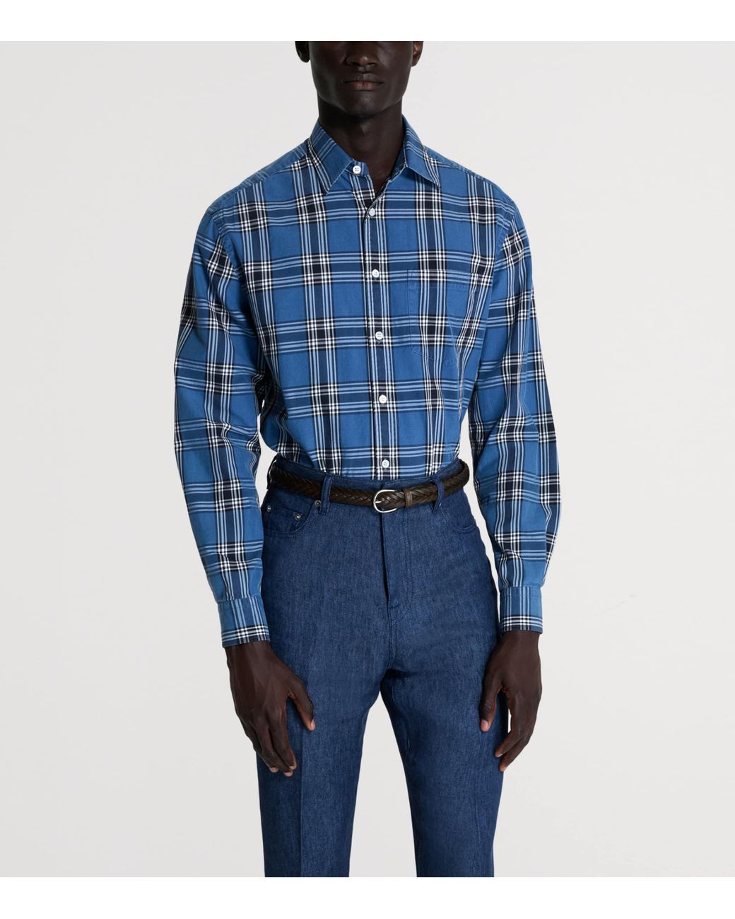 Dunhill Blue Cotton Check Print Shirt for men