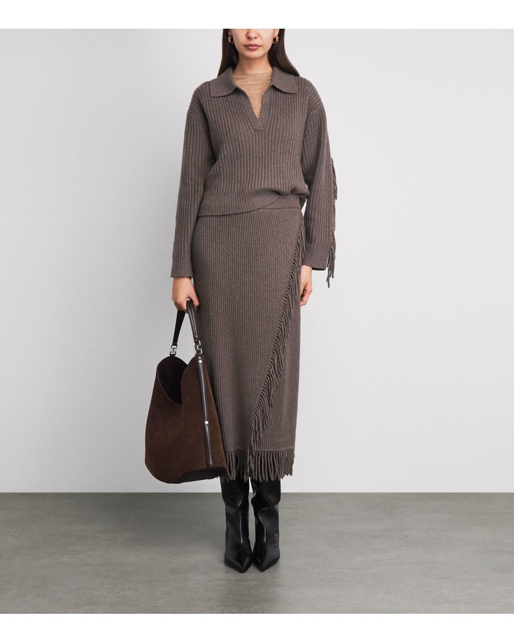 Jonathan Simkhai Brown Wool-Cashmere Fringe Wrap Midi Skirt
