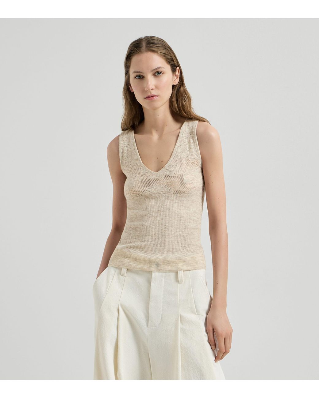 Brunello Cucinelli Natural Silk-Alpaca-Wool Lace-Detail Top