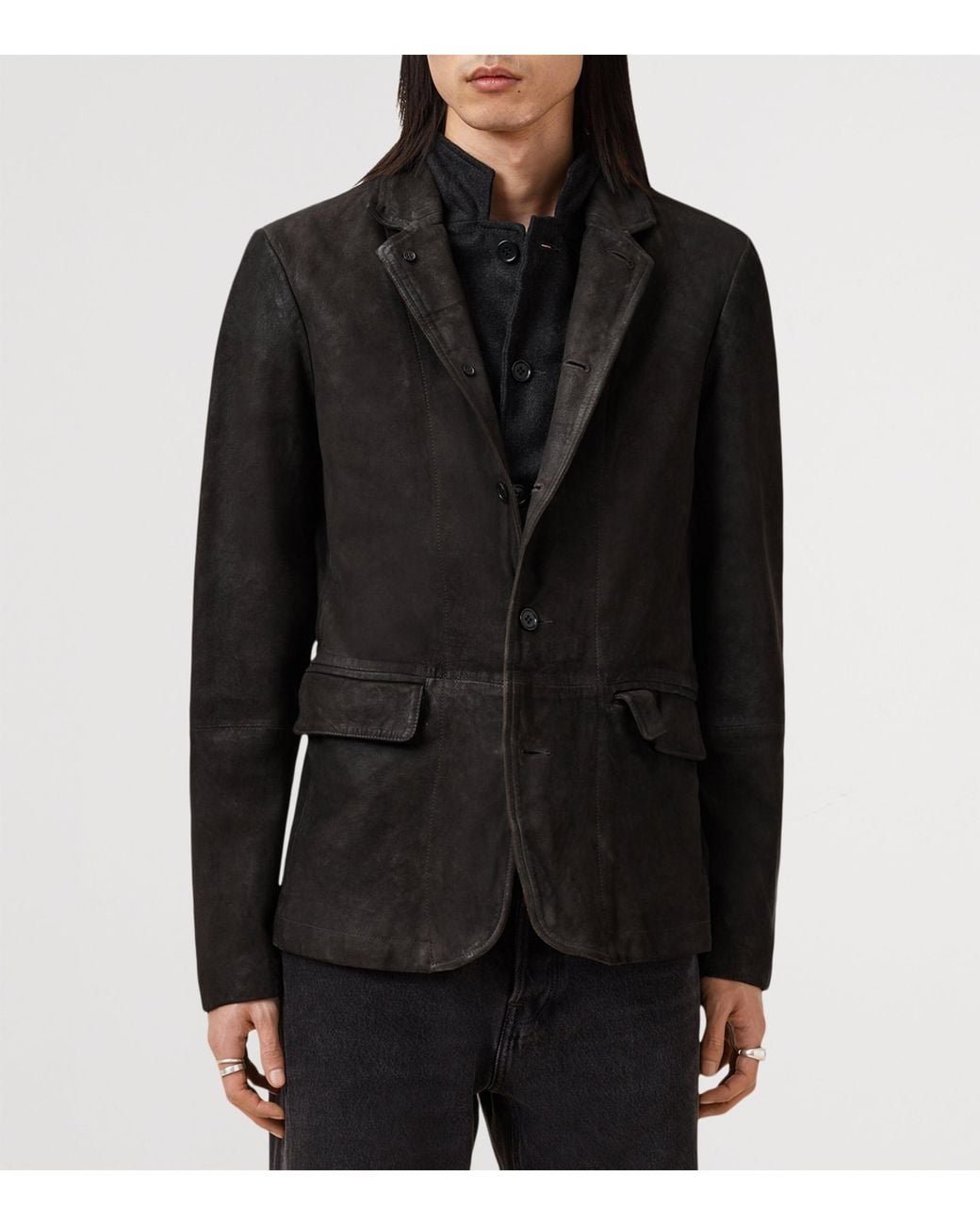 AllSaints Black Leather Survey Blazer for men