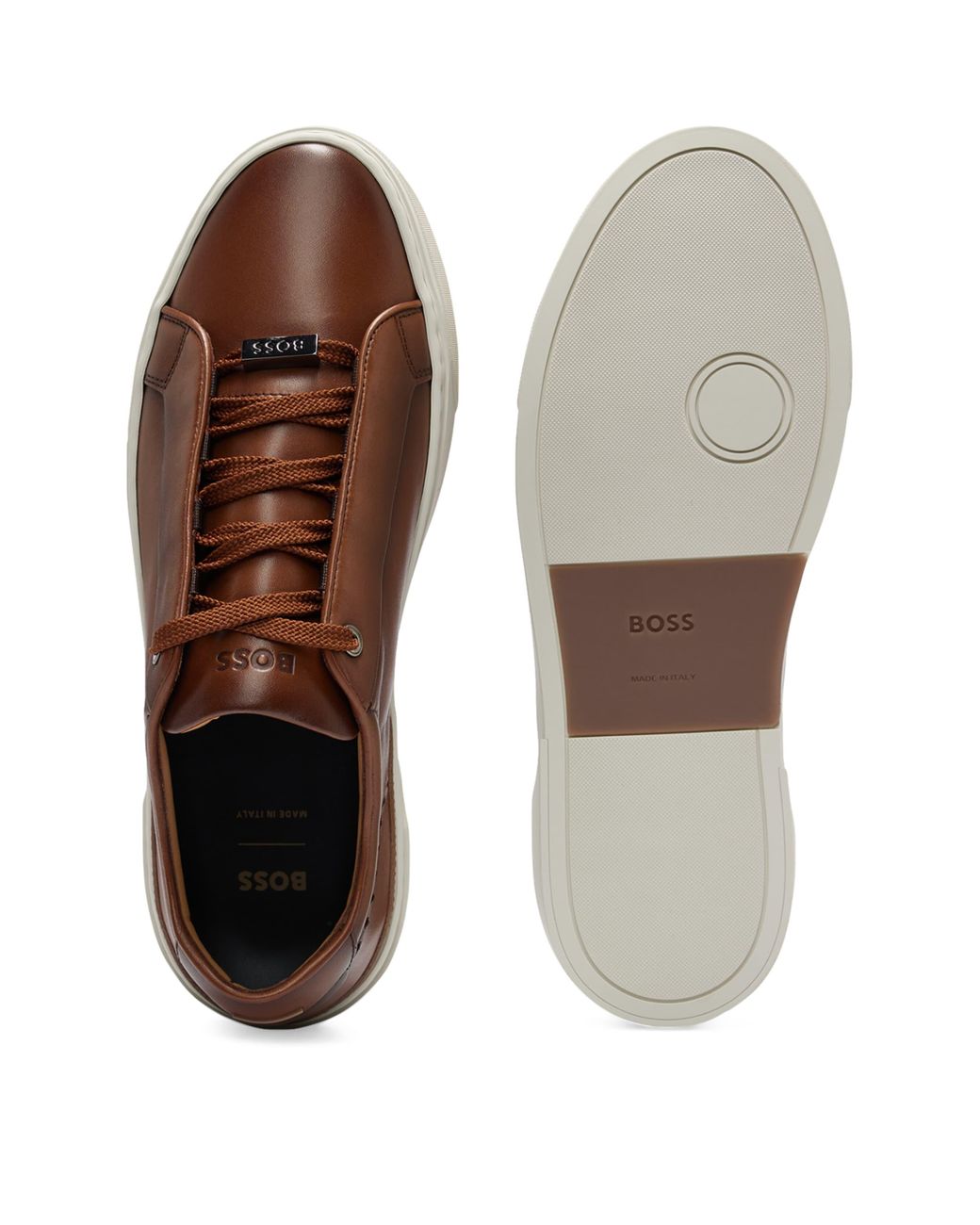 Boss Brown Leather Lace-Up Sneakers for men