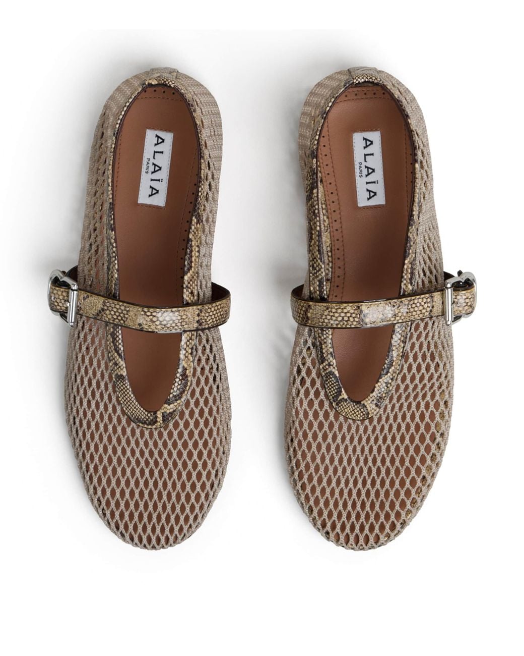Alaïa Brown Mesh Python Print-Trim Ballet Flats