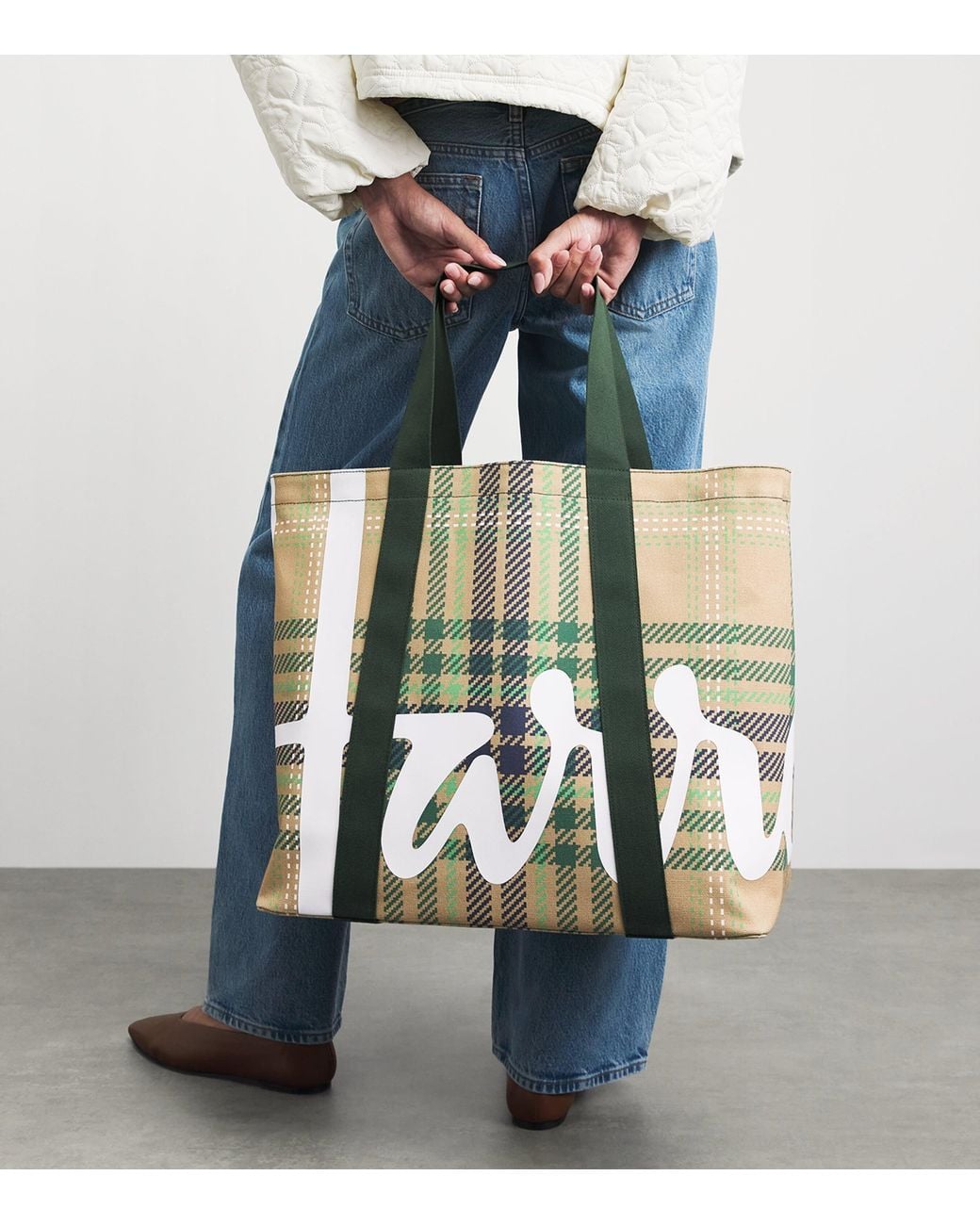 Harrods Green Large Tartan Check Tote Bag