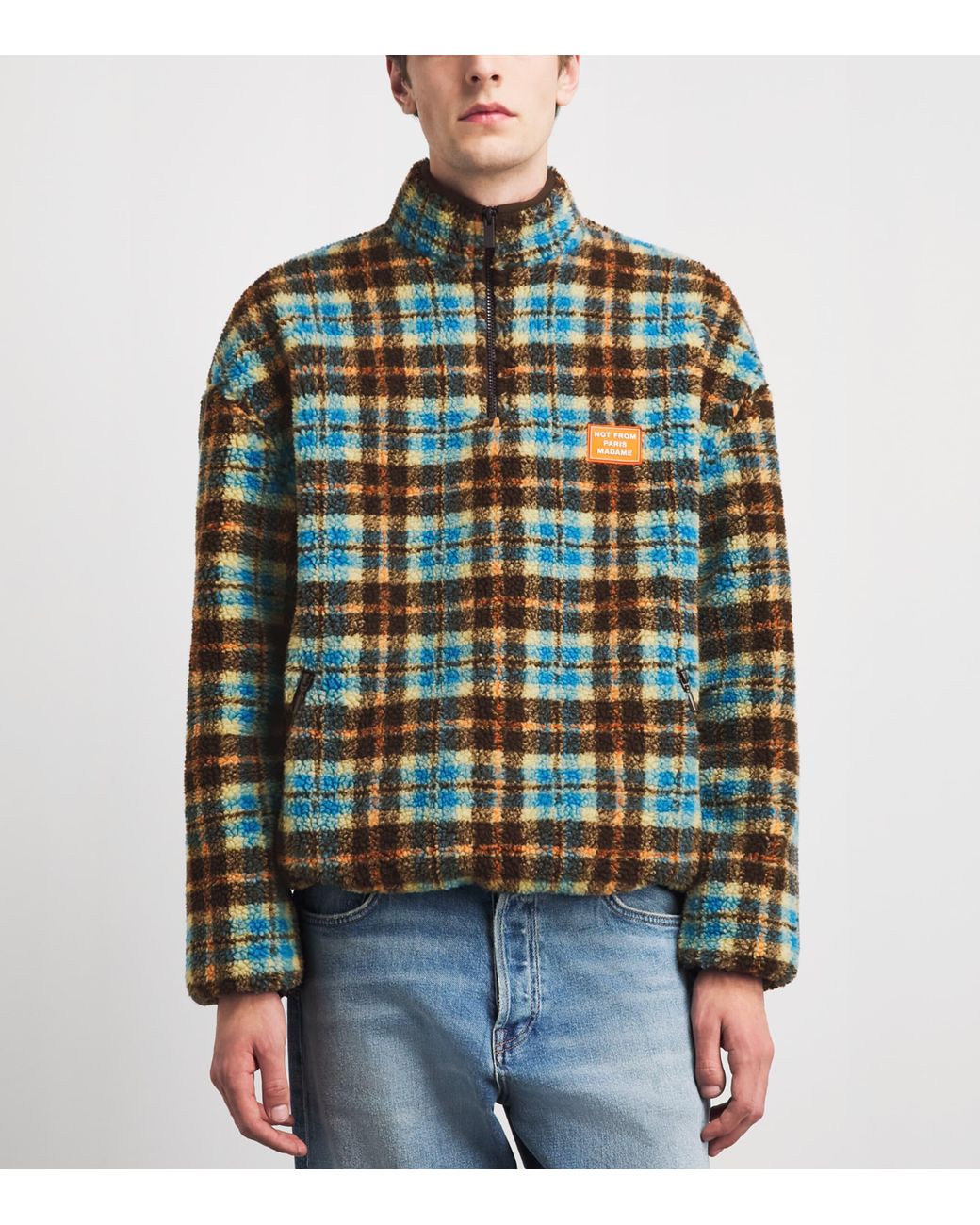 Drole de Monsieur Green Check Sherpa Quarter-Zip Sweater for men