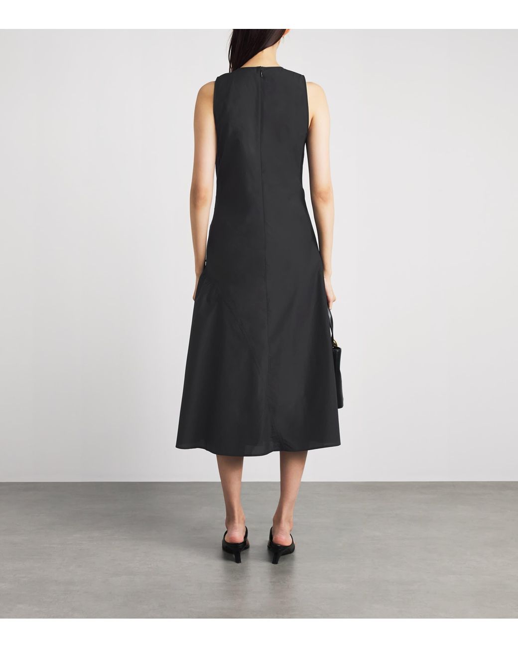 Theory Black Cotton Ruched Asymmetric Midi Dress