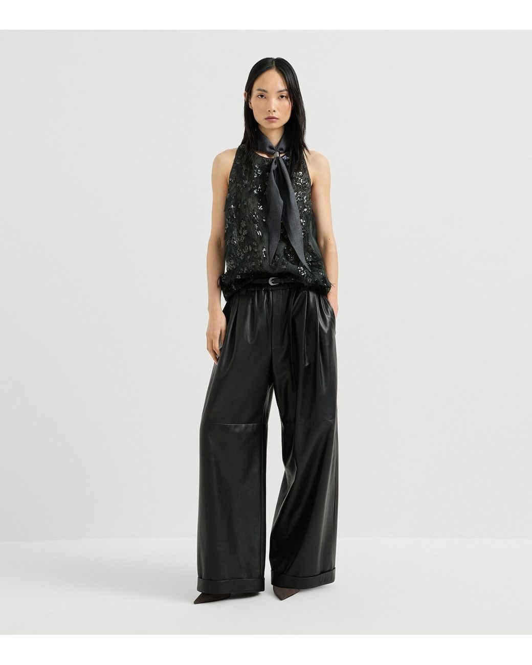 Brunello Cucinelli Black Nappa Leather Wide-Leg Trousers