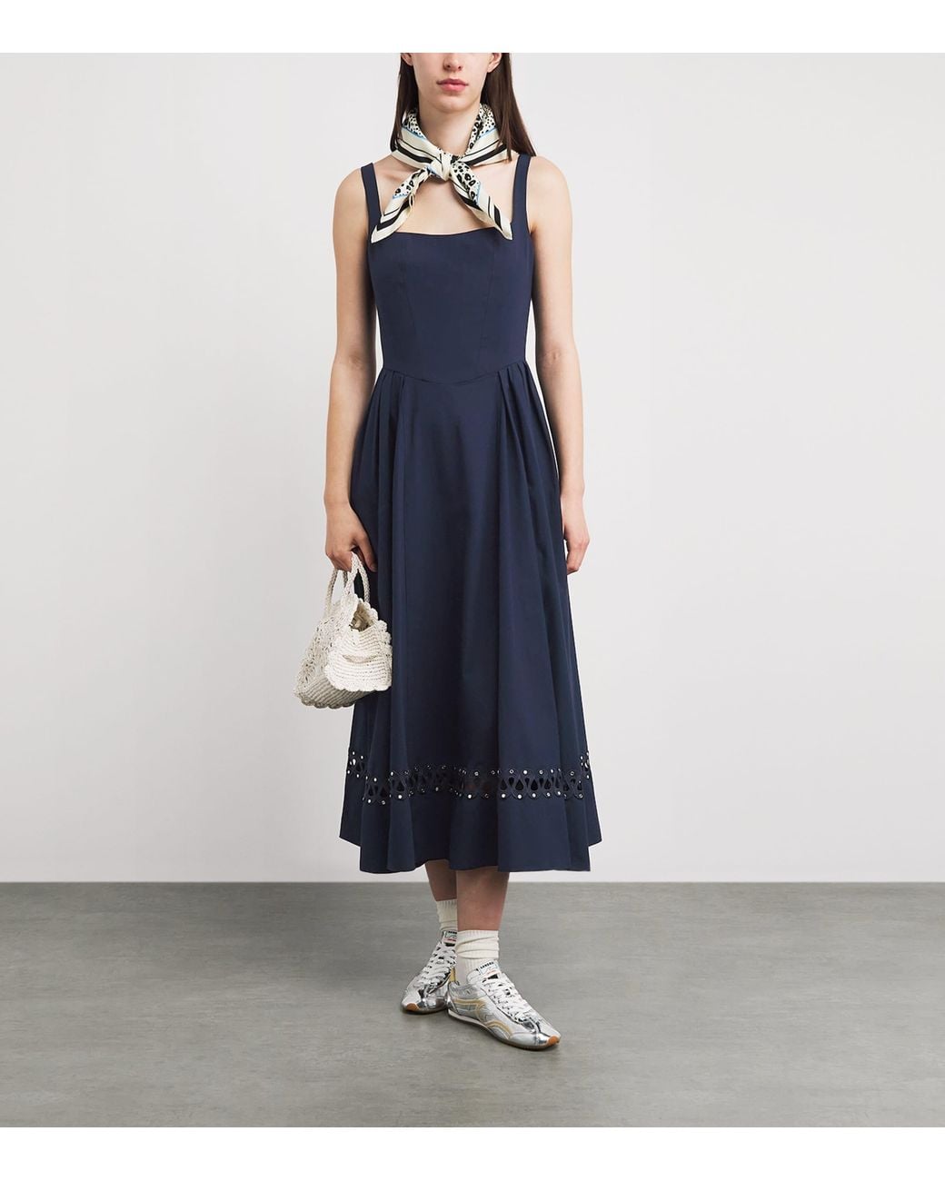 Maje Blue Poplin Embroidered Midi Dress