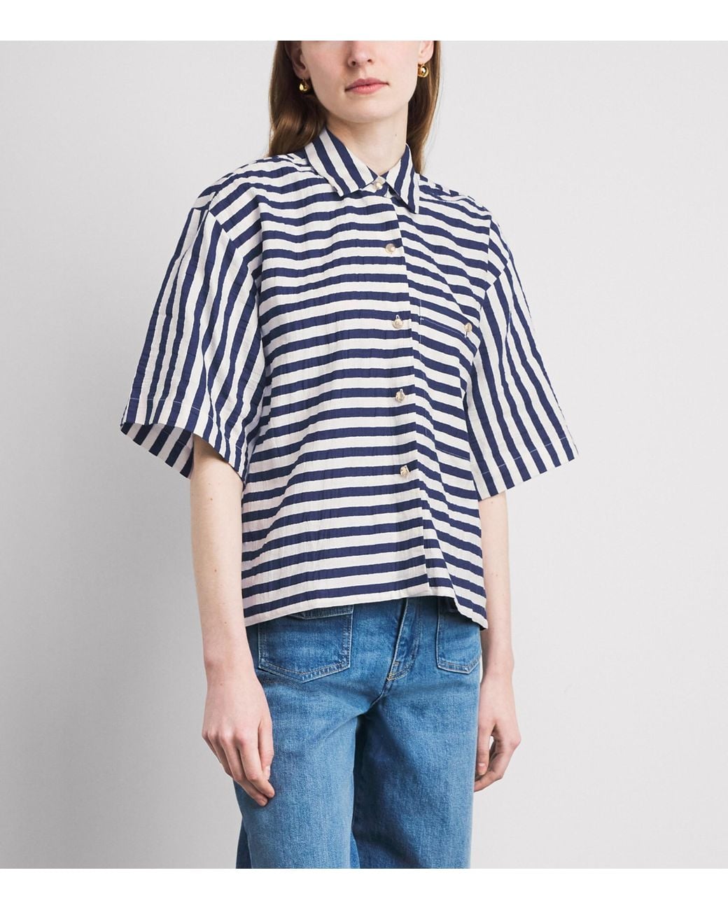 Maje Blue Waffled Canvas Stripe Shirt