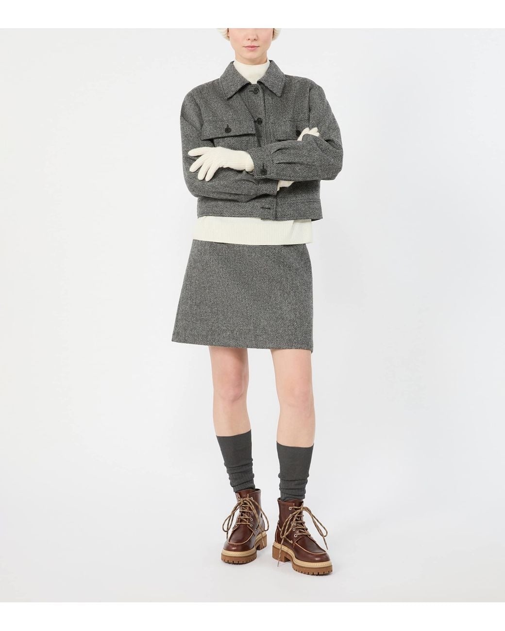 Weekend by Maxmara Gray Virgin Wool Herringbone Mini Skirt