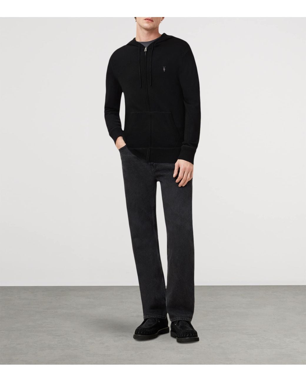 AllSaints Black Merino Wool Mode Hoodie for men