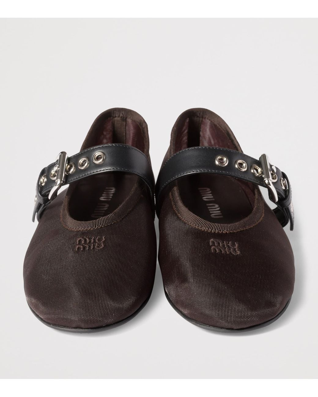 Miu Miu Brown Mesh Leather-Strap Ballet Flats
