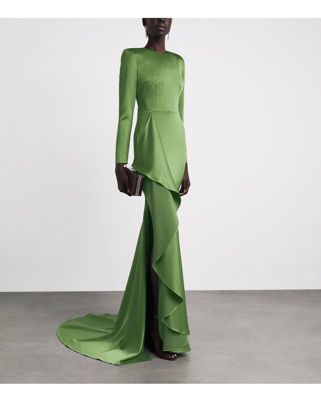 Alex Perry Green Satin Crepe Tiered Drape Gown