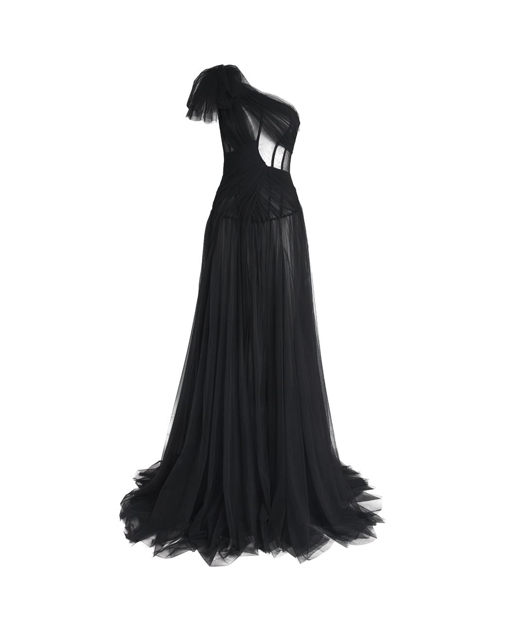 Sandra Mansour Black Tulle One-Shoulder Gown