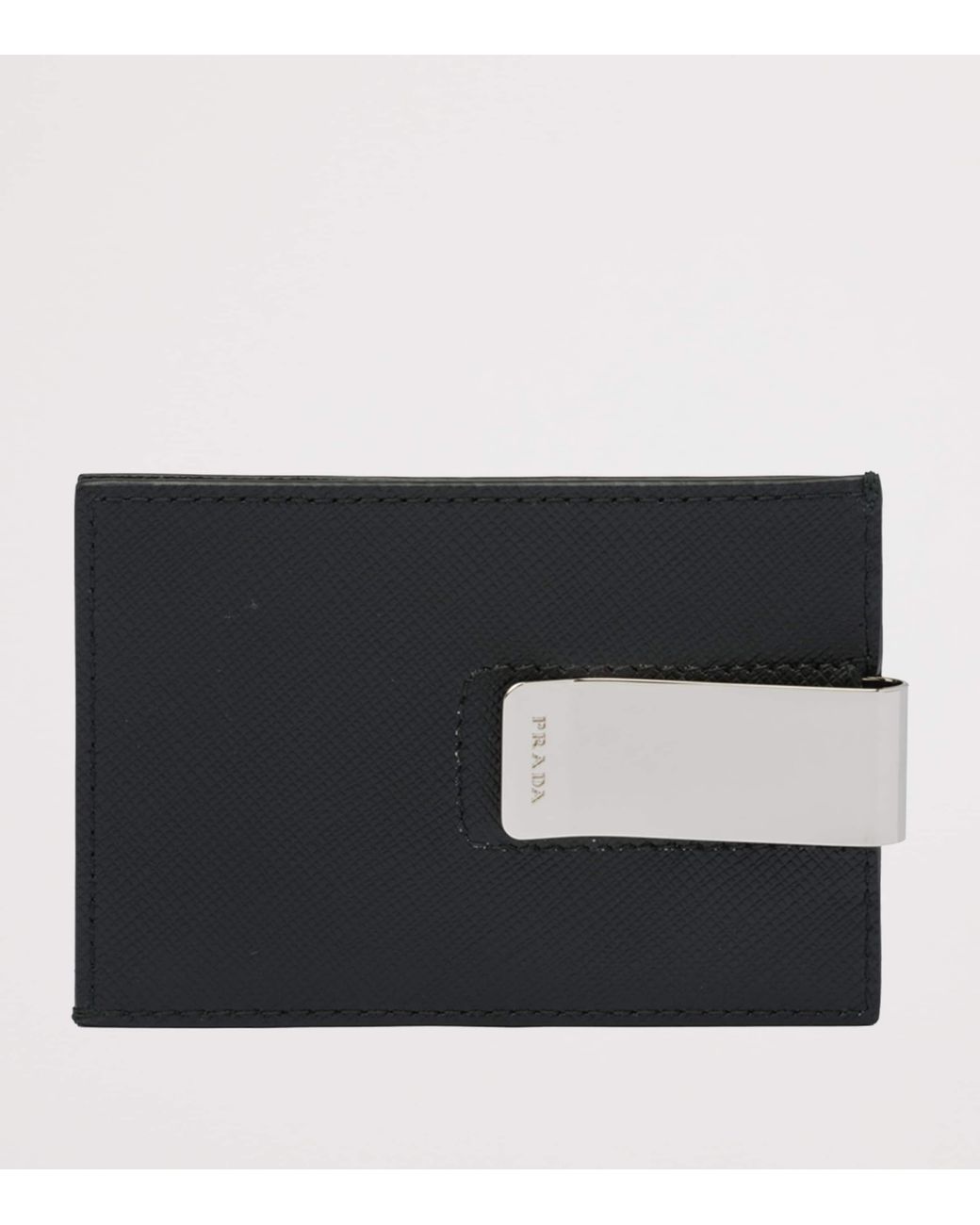 Prada Black Saffiano Leather Triangle Money Clip Card Holder for men