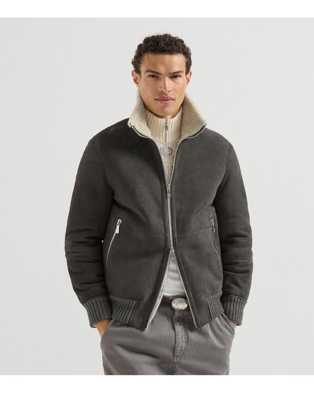 Brunello Cucinelli Black Suede-Shearling Bomber Jacket for men