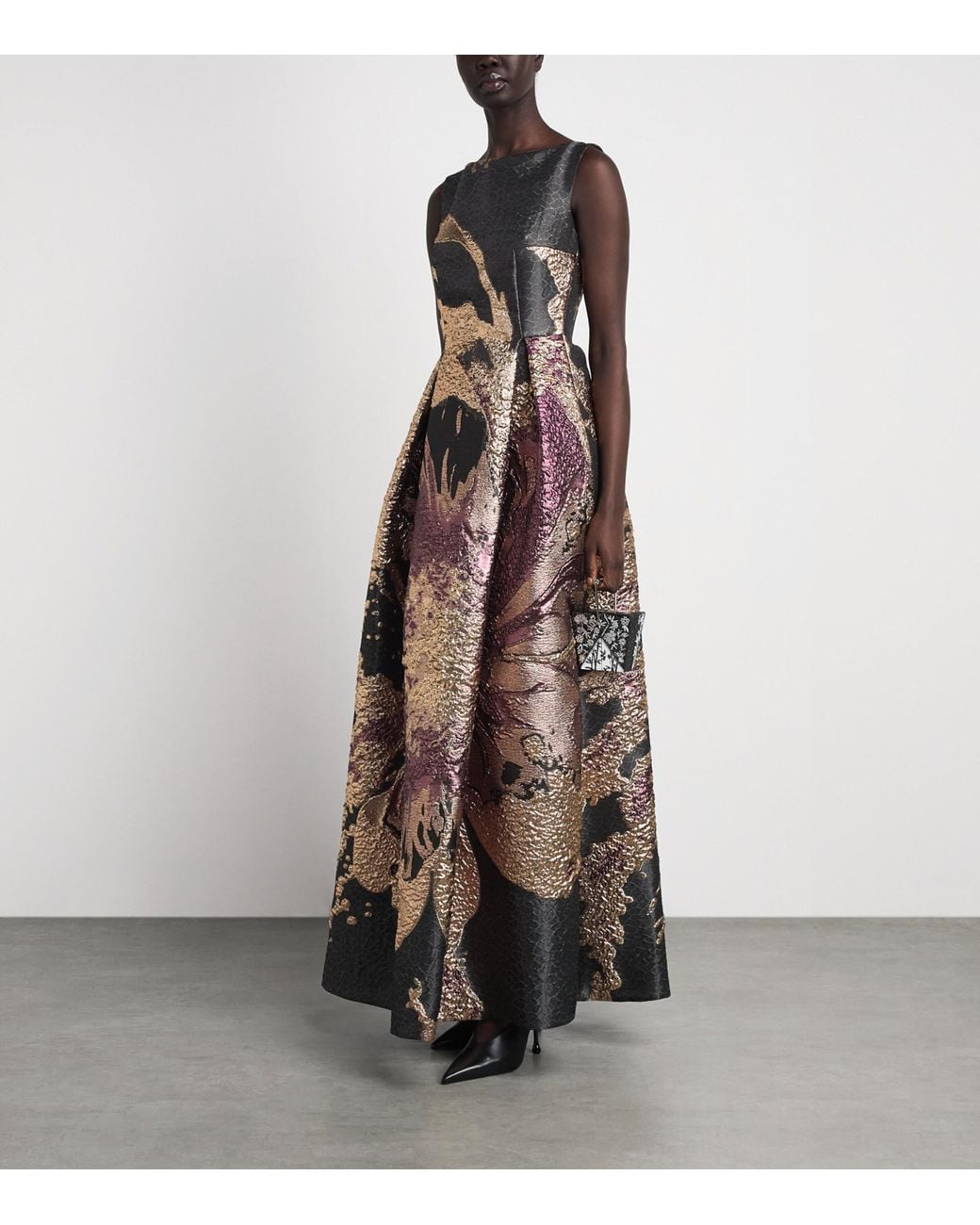 Talbot Runhof Brown Metallic Magnolia Jacquard Gown