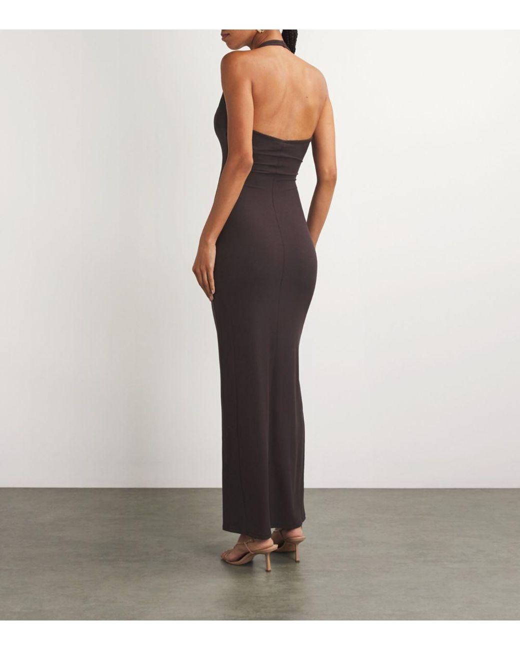 fitted lace wedding dress ROSALA HALTER KNIT MAXI DRESS - BLACK STRIPE  CHIC LE FRIQUE