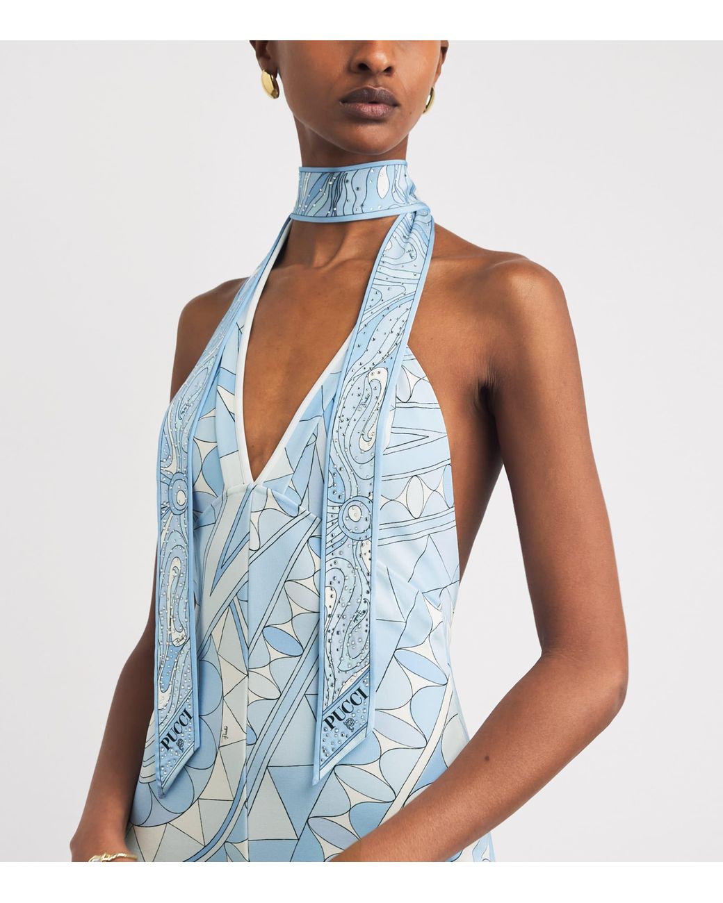 Emilio Pucci Blue Rhinestone-Embellished Printed Twill Scarf