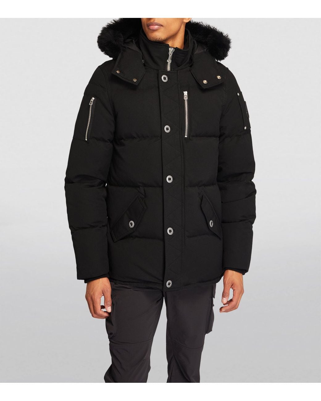 Moose Knuckles Black Shearling-Collar Puffer Jacket for men