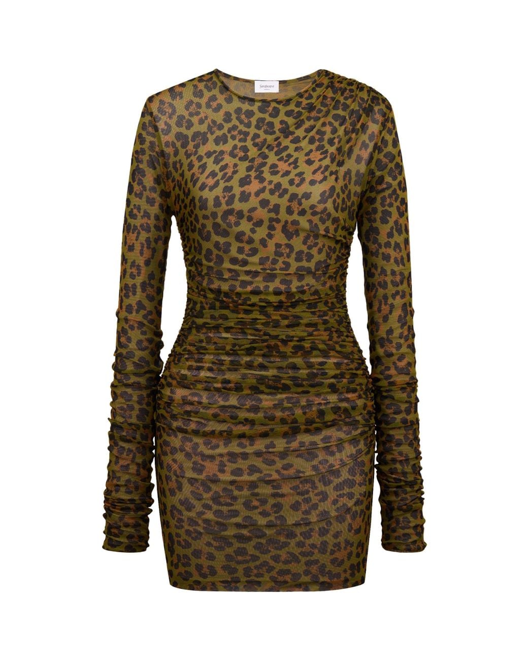 Saint Laurent Green Leopard Print Long-Sleeve Mini Dress