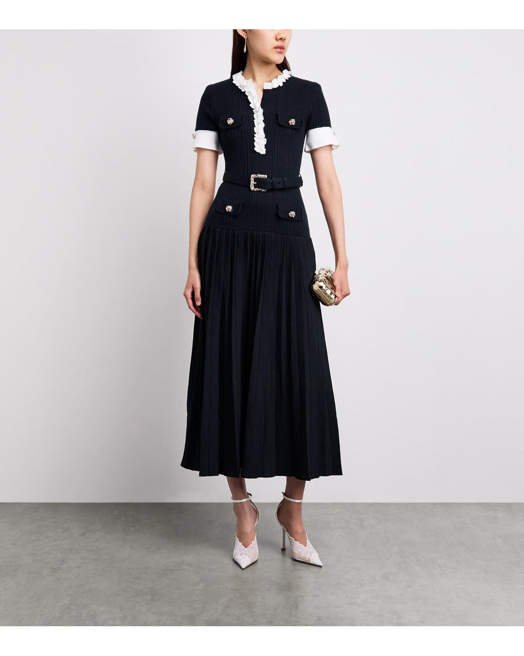 Self-Portrait Black Ribbed Ruffle-Detail Midi Dress