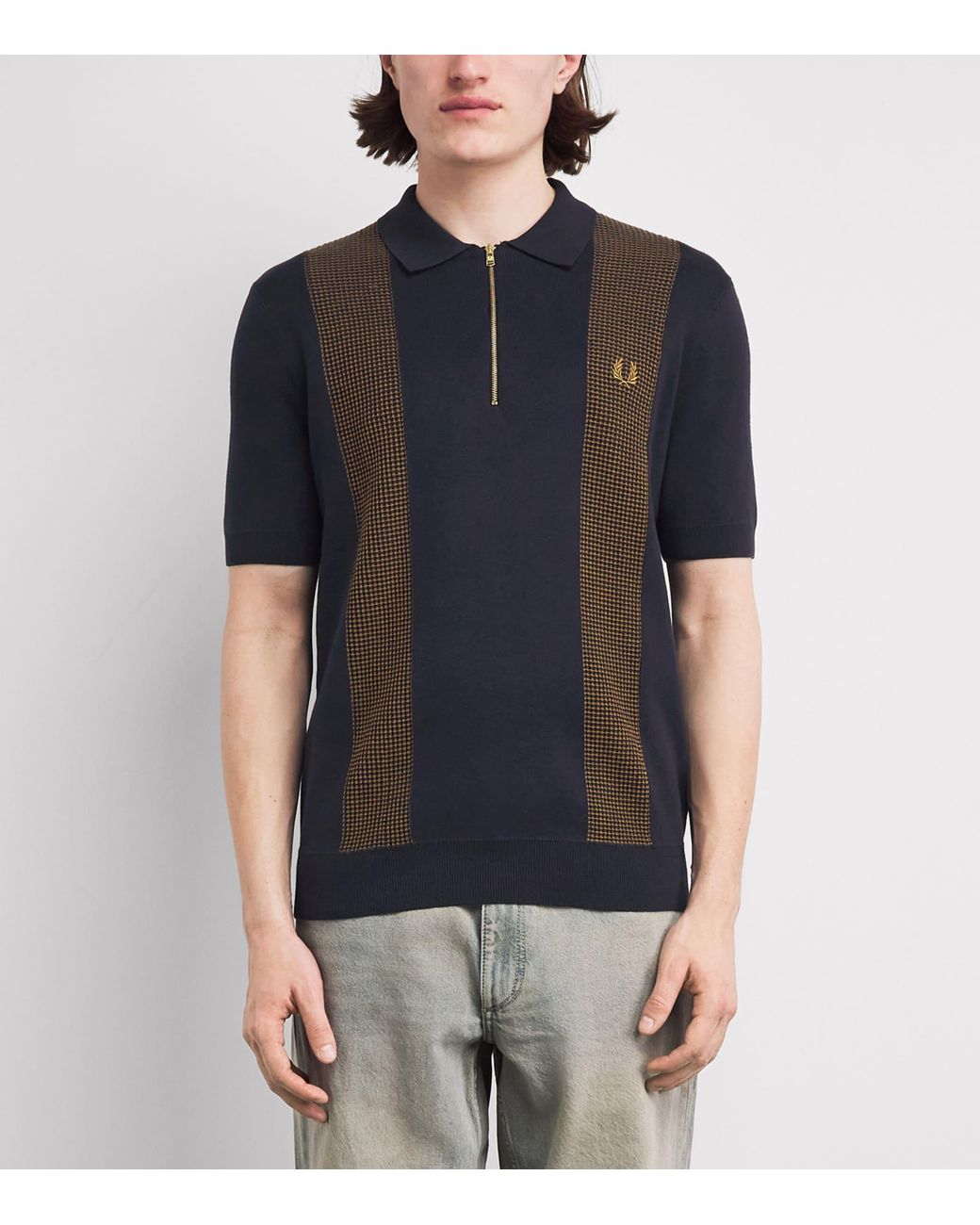 Fred Perry Black Cotton Panelled Zip-Up Polo Shirt for men