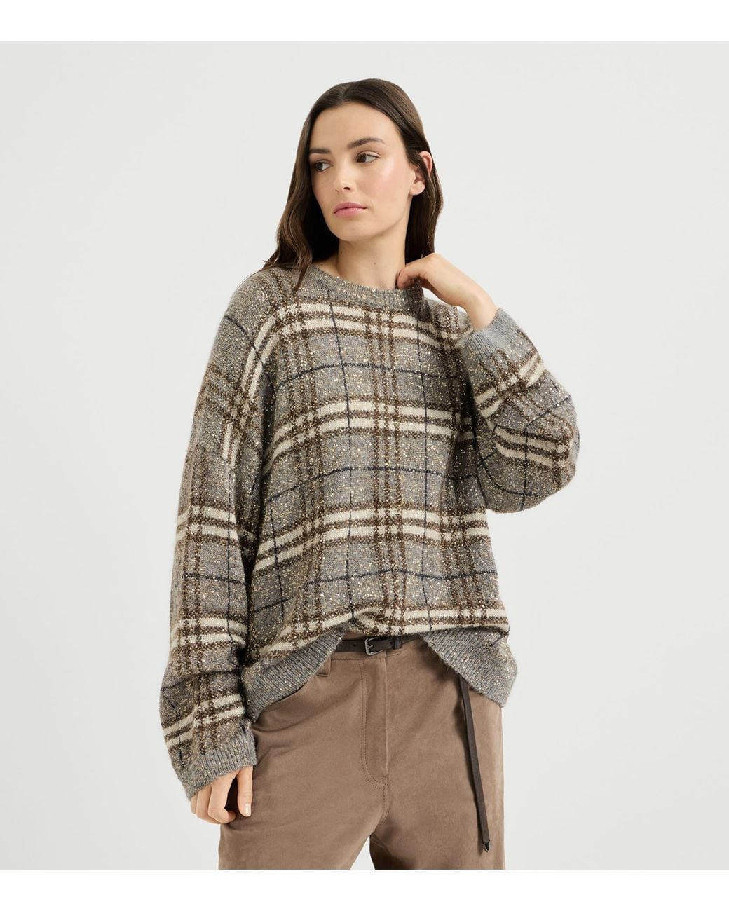 Brunello Cucinelli Gray Sequin Check Sweater