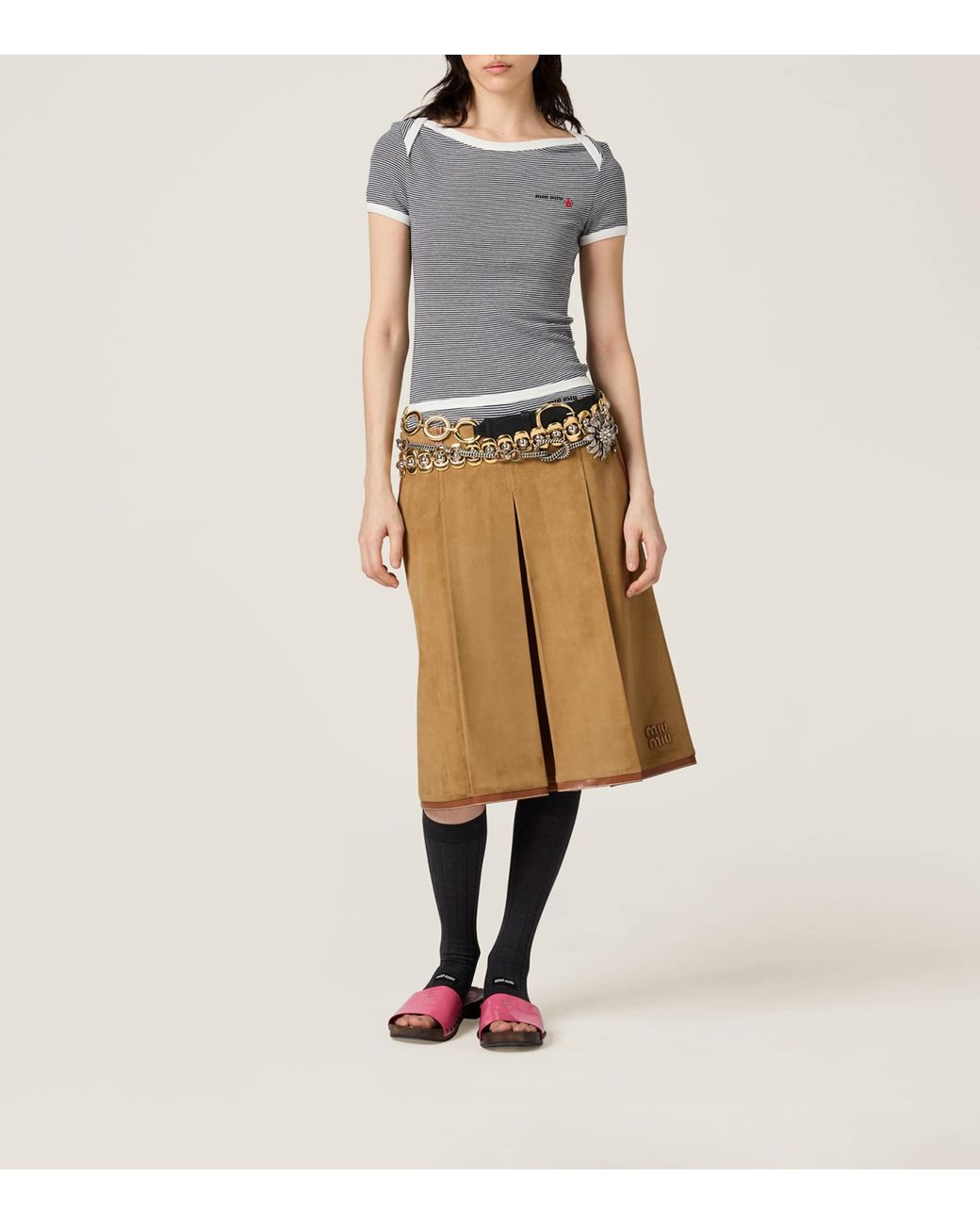 Miu Miu Natural Suede Pleated Midi Skirt