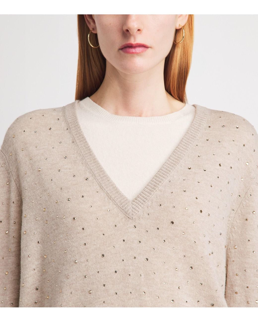 Allude Natural Wool-Cashmere Crystal-Embellished V-Neck Sweater