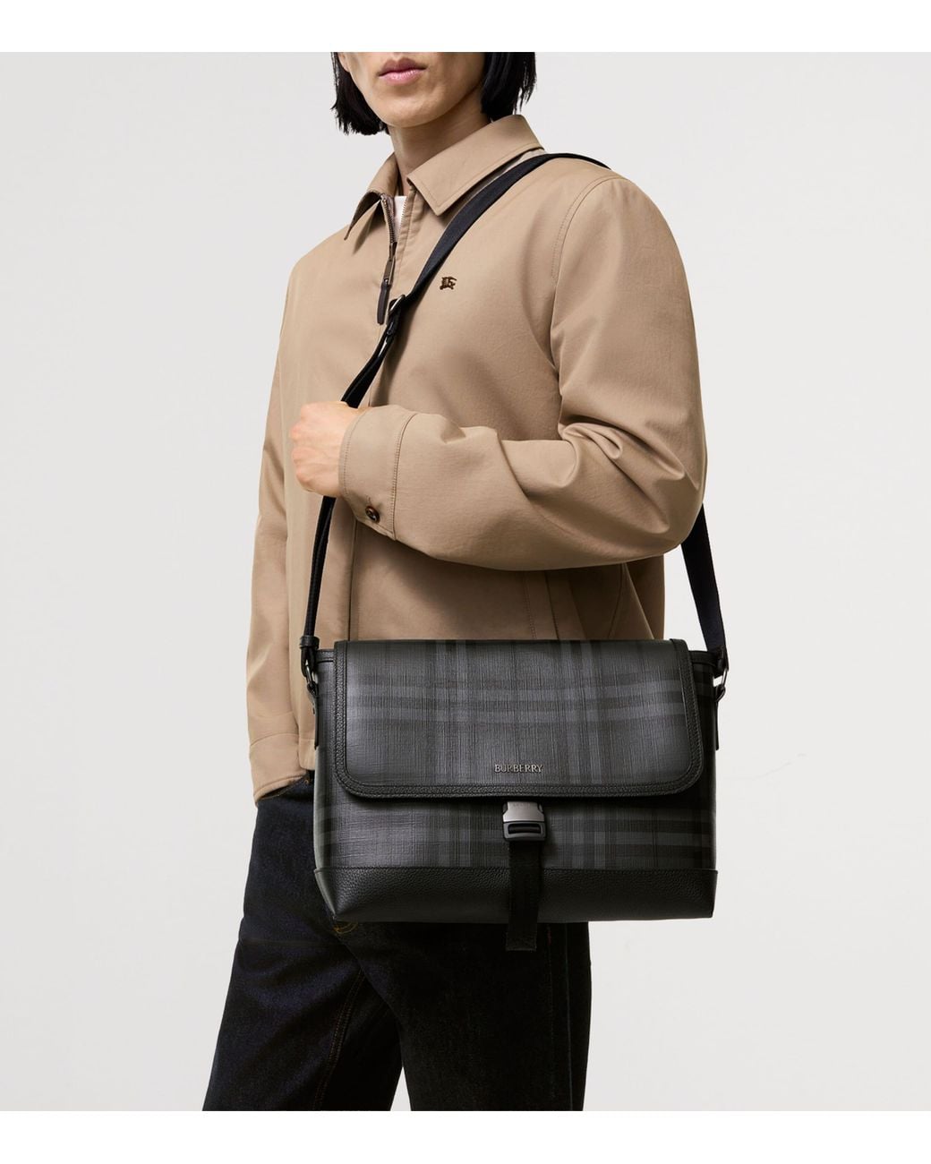 Burberry Black City Check Messenger Bag for men