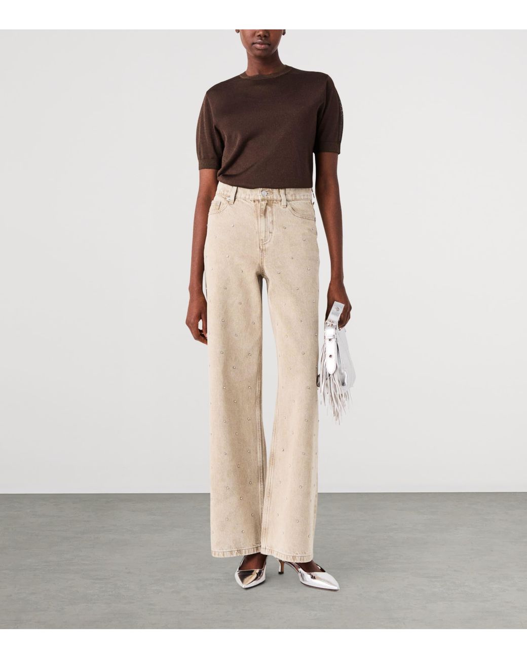 Maje Natural Rhinestone-Embellished Wide-Leg Jeans