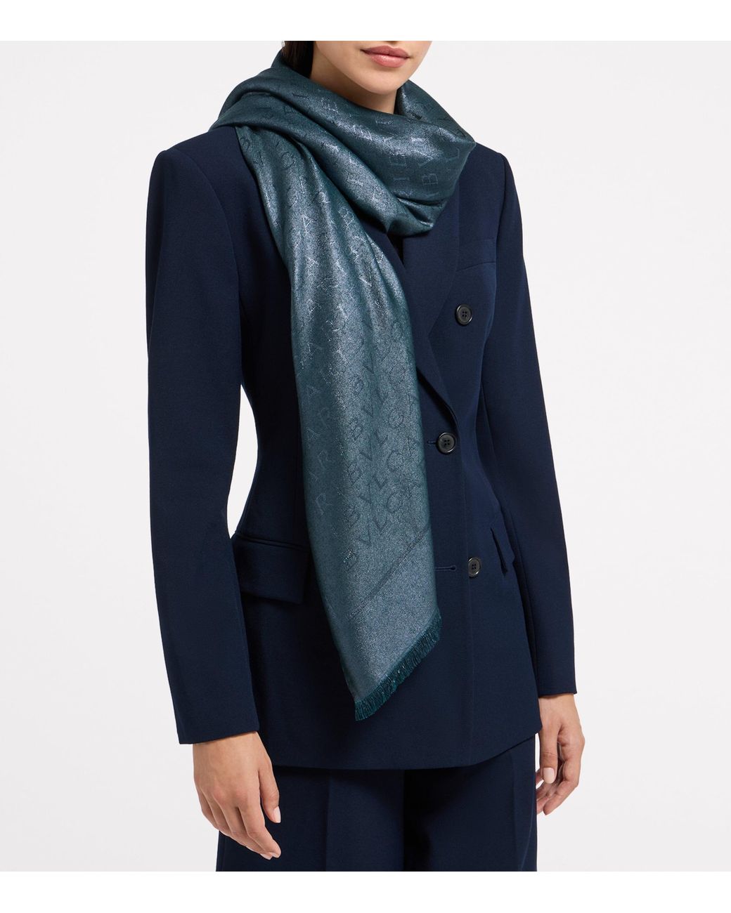 BVLGARI Blue Silk-Wool Logo Scarf