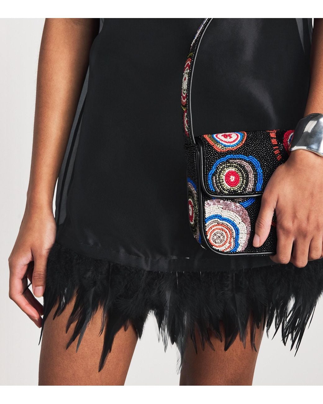 Staud Black Silk Feather-Trim Albee Mini Dress