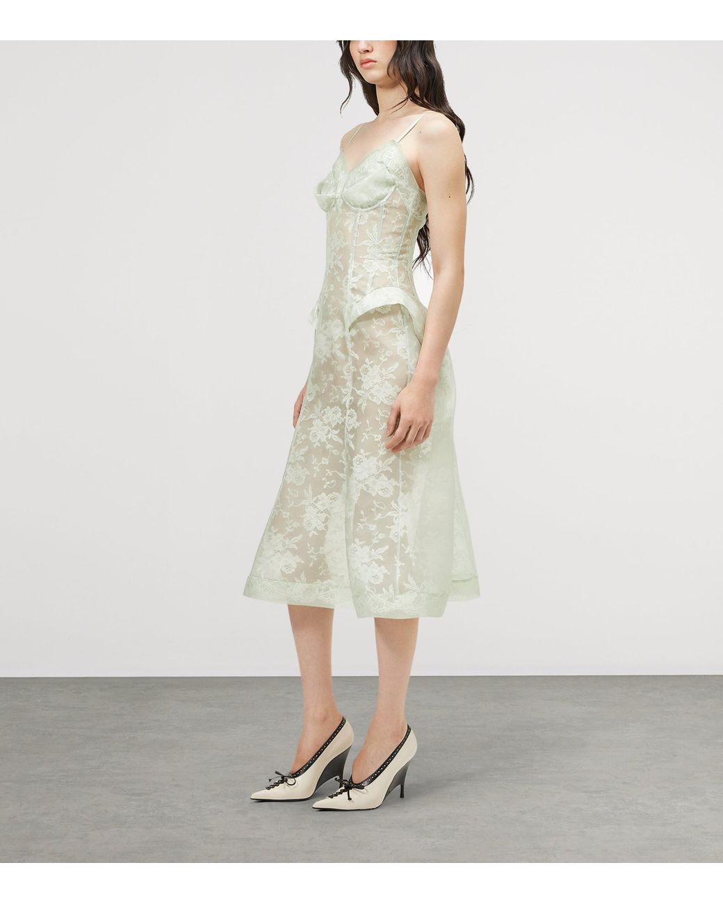 McQueen White Silk Lace Floral Midi Dress