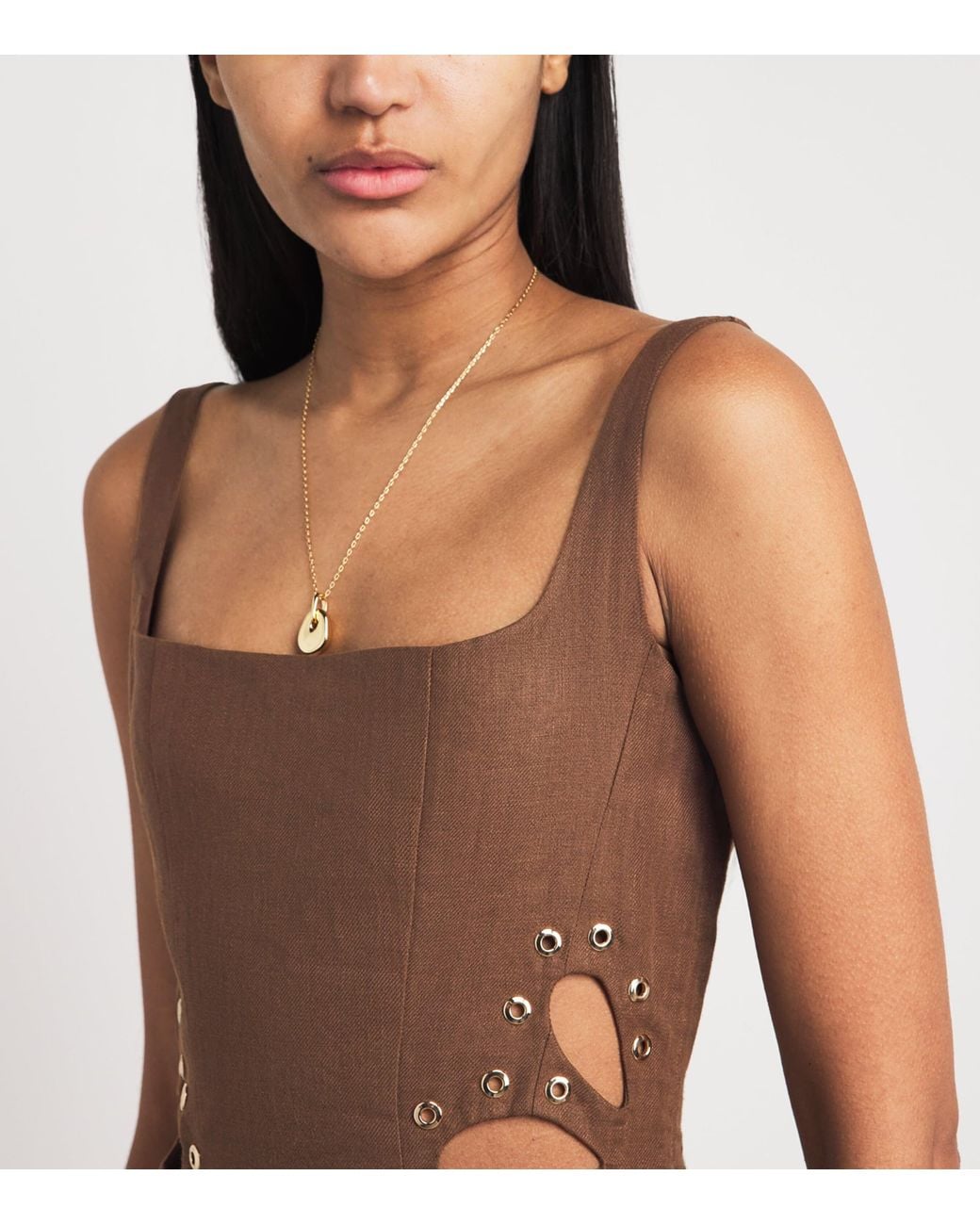 Maje Brown Linen Cut-Out Midi Dress