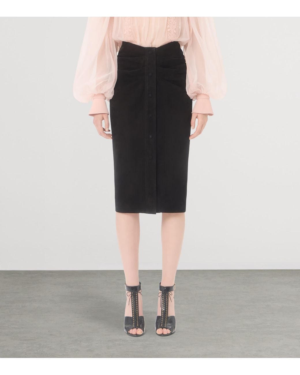 Valentino Black Suede Gathered Midi Skirt