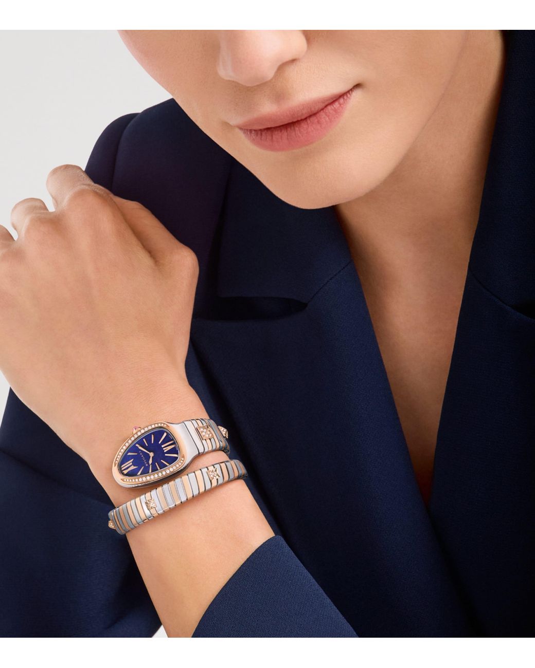 BVLGARI Blue Small Rose, Stainless Steel And Diamond Serpenti Tubogas Studs Watch