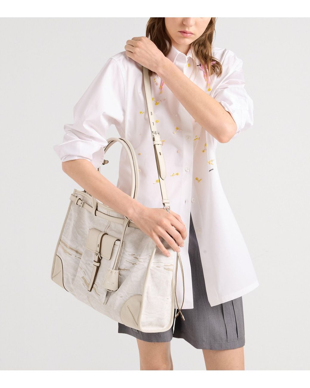 Prada Gray Printed Linen Bonnie Shoulder Bag