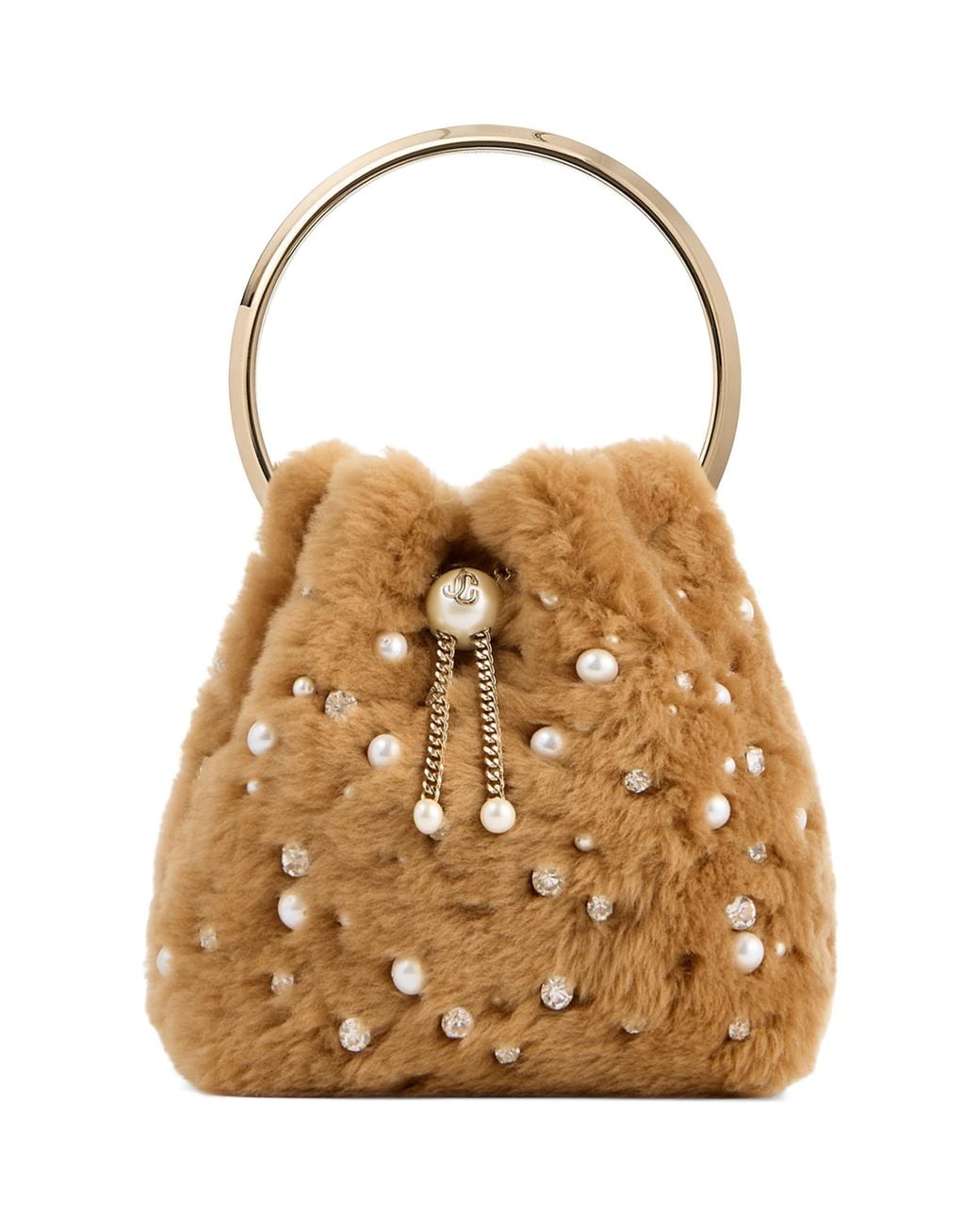 Jimmy Choo Brown Shearling Faux-Pearl Bon Bon Top-Handle Bag
