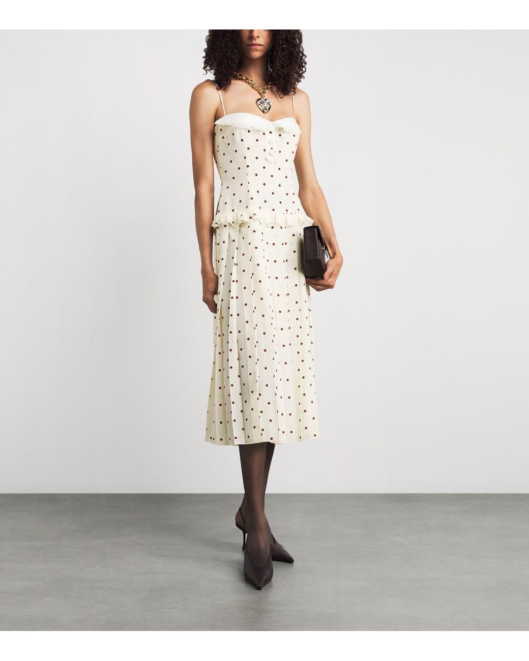 Alessandra Rich White Silk Polka Dot Midi Dress