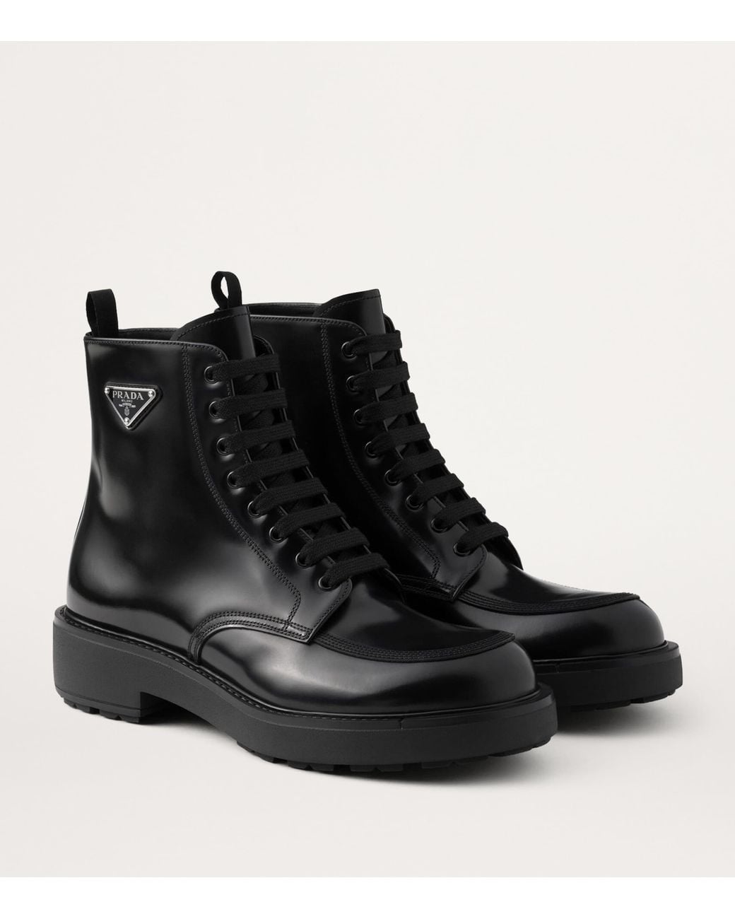 Prada Black Leather Logo-Plate Lace-Up Boots for men