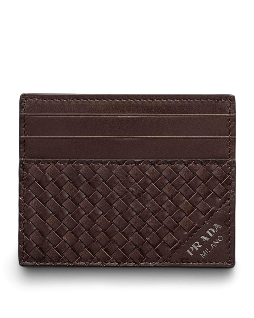 Prada Brown Leather Woven Card Holder for men